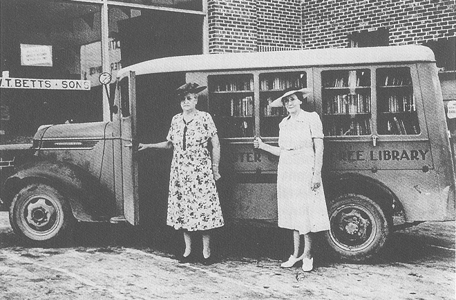 Bookmobile librarians prepare for the maiden journey of the WPA-funded Chester County Library bookmobile. From:   Gorman, R. M. (1997).  Blazing the Way: The WPA Library Service Demonstration Project In South Carolina. Libraries & Culture.  32 (4), 427-451.