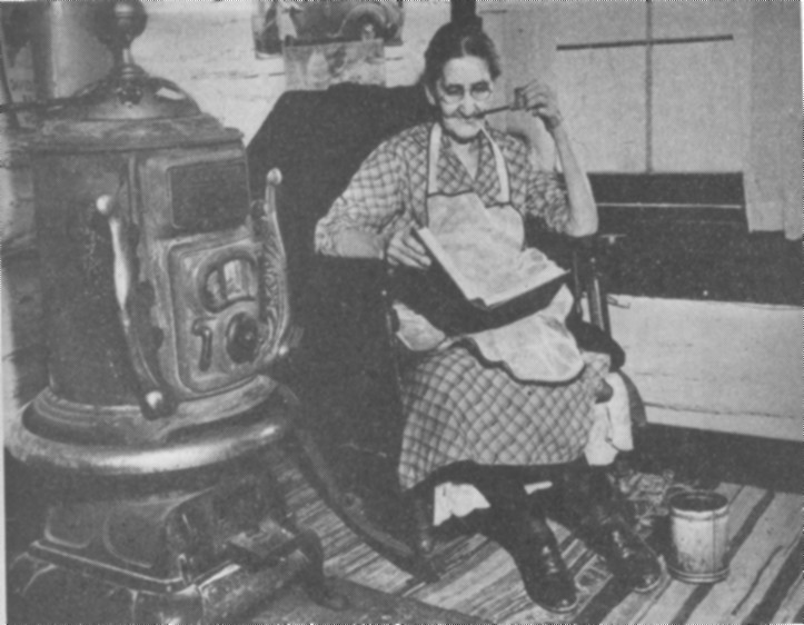 A Kentucky mountain Woman is here shown enjoying a book brought by a WPA pack horse librarian.  From: Woodward, E.S. (1938). WPA Library Projects. Wilson Library Bulletin, 12 (April), 518-520.