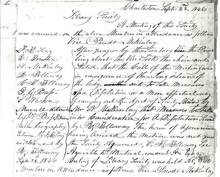 Bonneau Library Society Meeting Minutes - 1846 