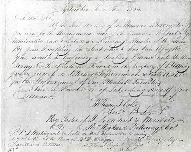 Bonneau Library Society Nomination for Honorary Membership - 1833