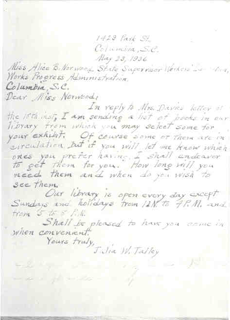 A letter from Julia W. Talley to Alice B. Norwood